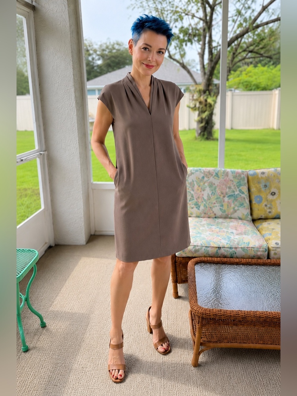 Carmen Marc Valvo Taupe Draped Neck Shift Dress M Minimalist